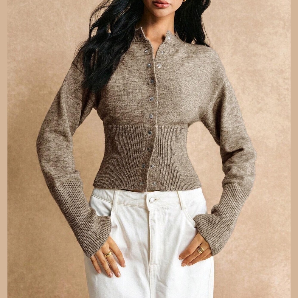 Heathered Taupe Ribbed Waist Button Front Cardigan